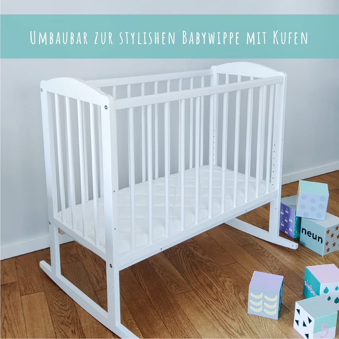 Kids Collective Babybett Beistellbett 90x40 cm mit Matratze, umbaubar zu 90x55 cm, 9 mal verstellbare Liegehöhe, auch als Babywippe nutzbar, Kiefer-Vollholz in weiß