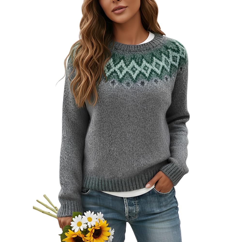 Womens Casual Fair Isle Color Block Rib Knit Sweater Fall Winter Crewneck Long Sleeve Loose Pullover Jumper Tops