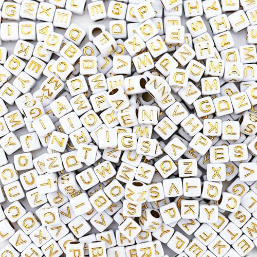 Sunrica 800Pcs White and Gold Square Letter Beads A-Z 6X6mm Acrylic Cube Alphabet Beads for Jewelry Making