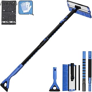 JOYTUTUS 47.7″ Extendable Snow Brush and Ice Scraper, 270° Pivoting Snow Scraper Brush for Car Windshield, Telescoping Ice Scraper, Foam Grip, Heavy Duty Snow Remover for Cars, Trucks, SUV (Blue)