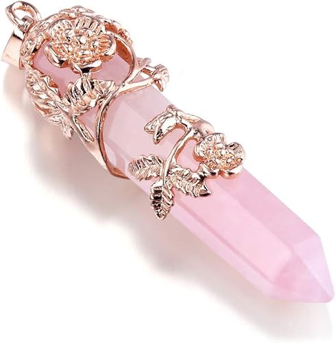 Miniatura 4 de PESOENTH - Collar de cuarzo rosa con colgante de cristal curativo para mujeres, collar vintage de oro rosa con diseño de flor de rosa hexagonal con