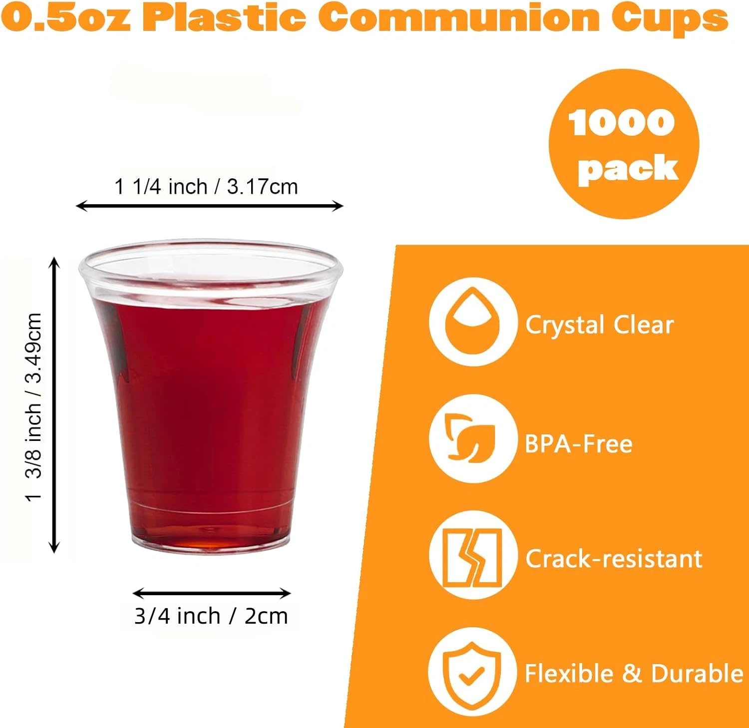 Bekith Paquete de 1000 vasos de chupito transparentes reutilizables de 15 ml, se adaptan a bandejas de comunión estándar, vasos de chupito de plástico duro resistente y duradero, transparente