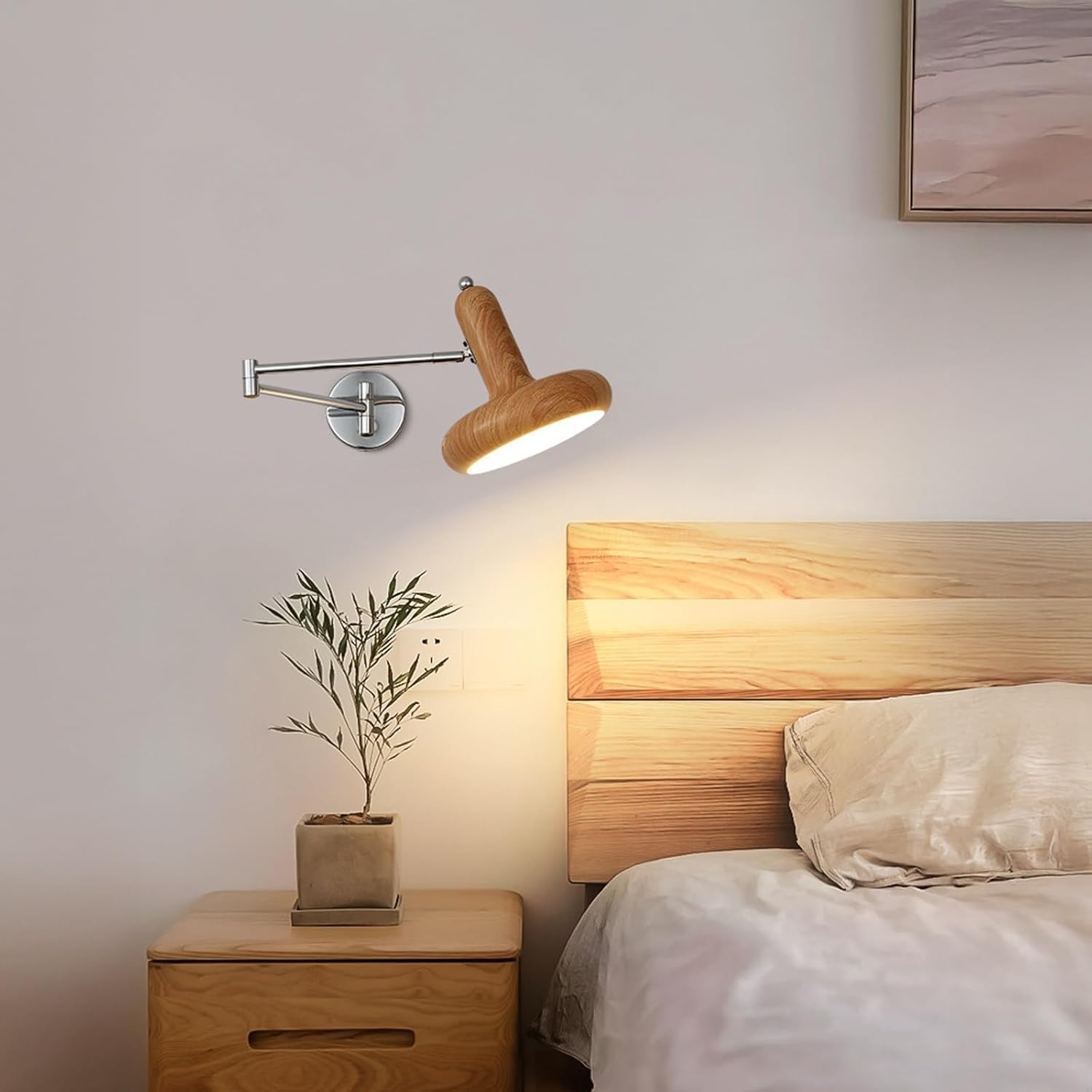 Nowoczesna lampa ścienna z regulowanym ramieniem wahadłowym, kinkiet E27 z kloszem ze sztucznego drewna lub metalu w kolorze kremowym, elastyczne światło do czytania T-155 (orzech, 20 cm/7,8