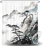 Coveimes Asian Scenic Shower Curtain Sets, Chinese Japanese Landscape Black Mountain and Pine Tree Ink Painting Bathroom Curtain, Waterproof Polyester Fabric Bath Curtain with Hooks 60 x 72
