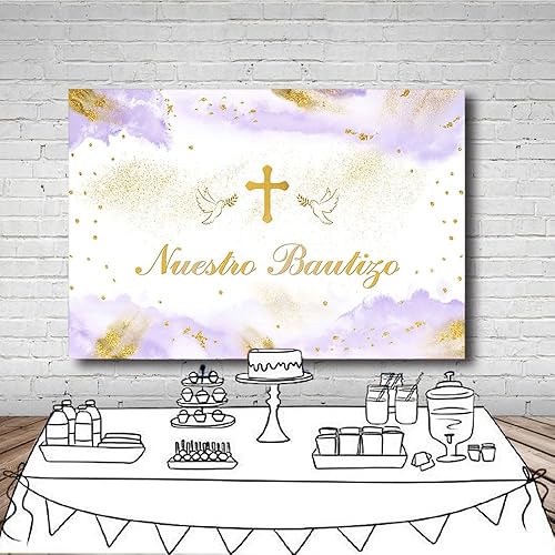 Miniatura 4 de MEHOFOND Telón de fondo de 7 x 5 pies Nuestro Bautizo púrpura Mi bautismo fotografía fondo para niñas y niños Paloma de la Paz Crucifixión Guilter