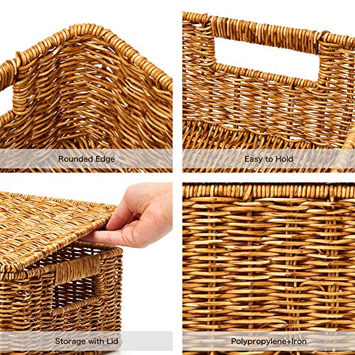 Ezoware Set Of 3 Resin Woven Baskets With Lid, Decorative Storage Organizer Bin With Handles - Natural Brown #TOP6