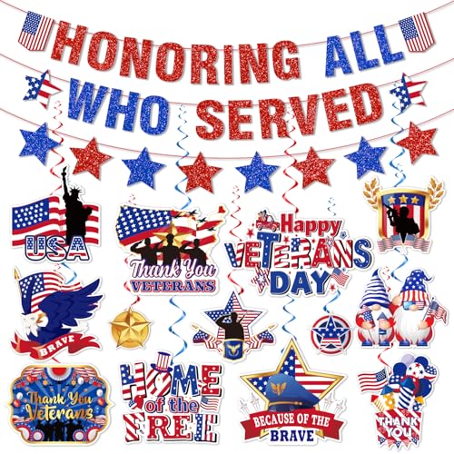 16PC Veterans Day Decorations Banner Hanging Swirls, NO-DIY Red Blue...
