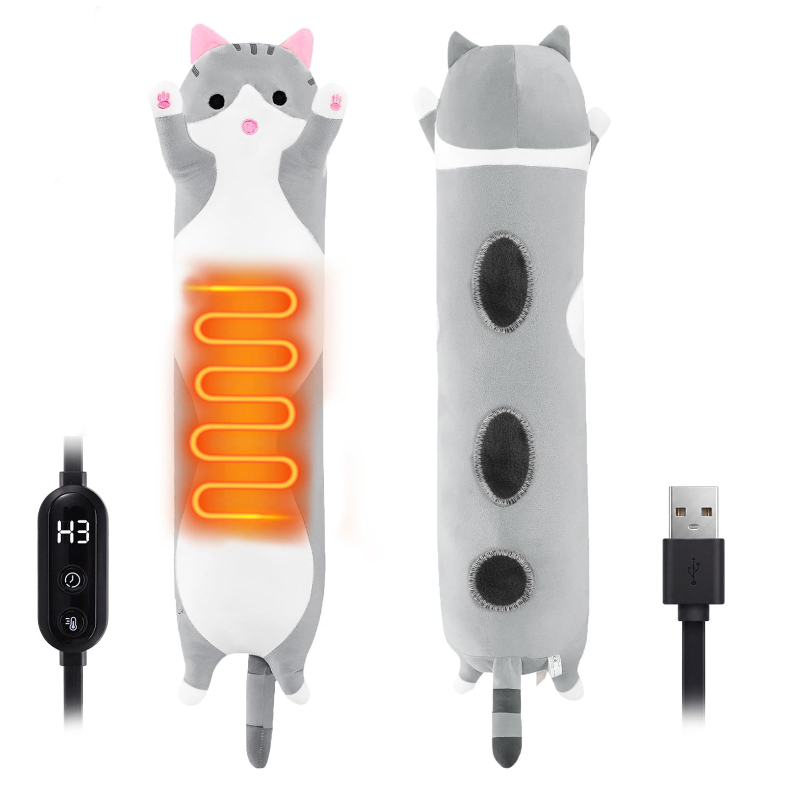 Cat Heating Pad for Period Cramps, USB Power Heated Plush Stuffed Animals