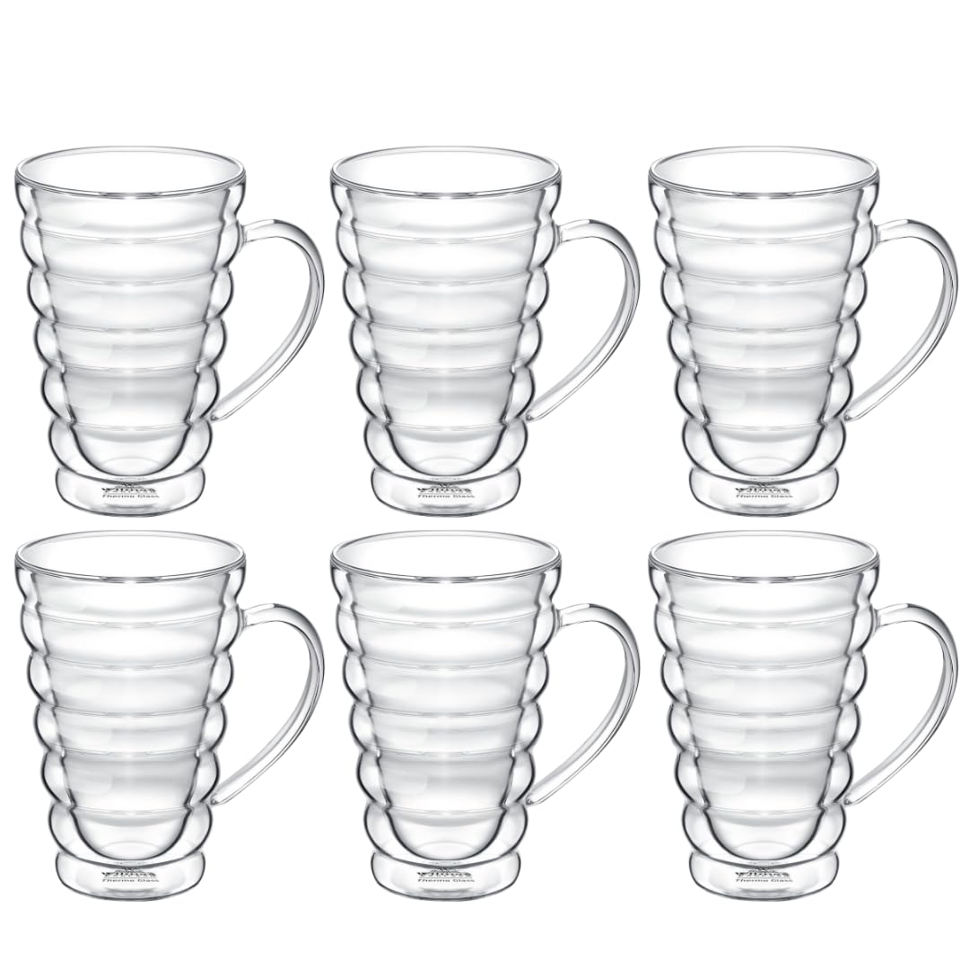 Wilmax - Thermogläser mit Henkel Bubble - 300 ml - 6er-Set - Doppelwandige Gläser für Wasser, Tee, Kaffee - Teegläser & Kaffeegläser - Becher für Heiß- und Kaltgetränke - Spülmaschinenfest