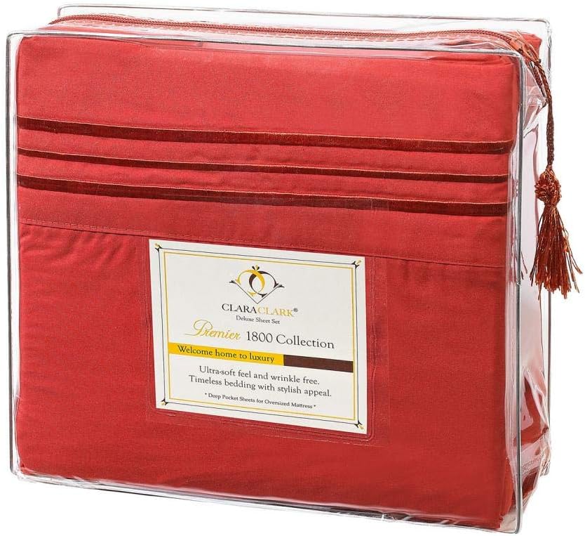 Clara Clark Bed Sheets, Premier 1800 Series 4 Piece Bed Sheet Set, Deep Pocket, Wrinkle, Fade, Stain Resistant, Luxury Soft Bedding Sheets & Pillowcases, California King, Orange