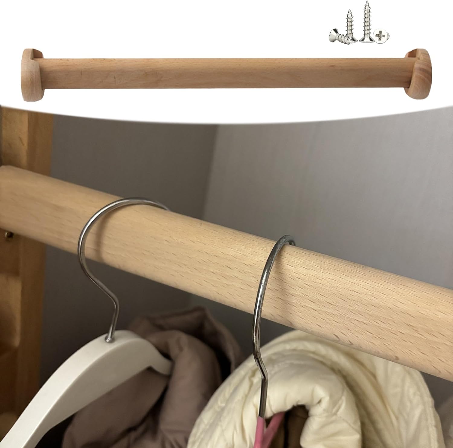 Sturdy Natural Beech Wood Closet Rod, Wardrobe Hanging Bar with End Supports & Screws, Easy Install Wardrobe Pole Kit as Room Divider Rod(70cm(27 1/2"))