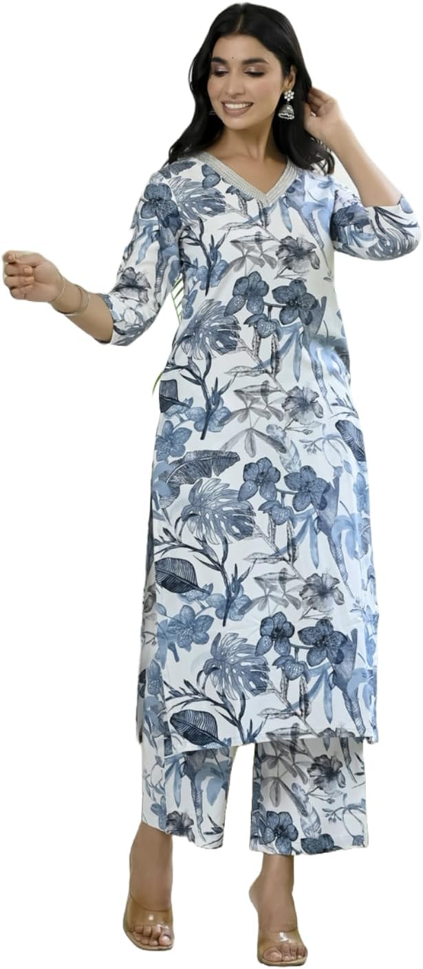 ANNI DESIGNER Women's Rayon Blend Printed Straight Kurta with Palazzo
