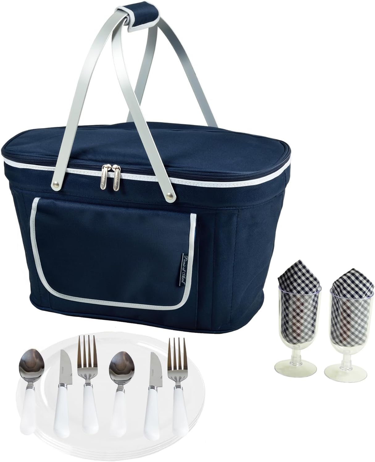 Picnic at Ascot Collapsible Insulated Picnic Basket Equipped with Service For 2 - Navy