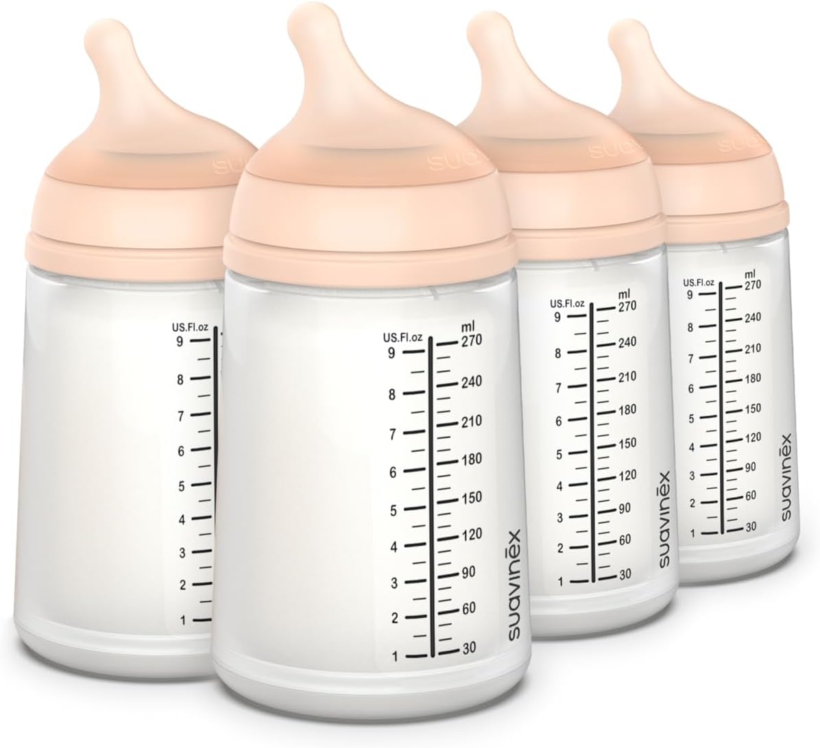 SuavinexZero Zero Anti Colic Baby Bottle, No 1 Spanish Baby Bottle Brand, Minimizes Bottle Rejection & Nipple Confusion, Perfect for Breastfeeding Babies, Medium Flow, 4 Pk 9 oz, Fair