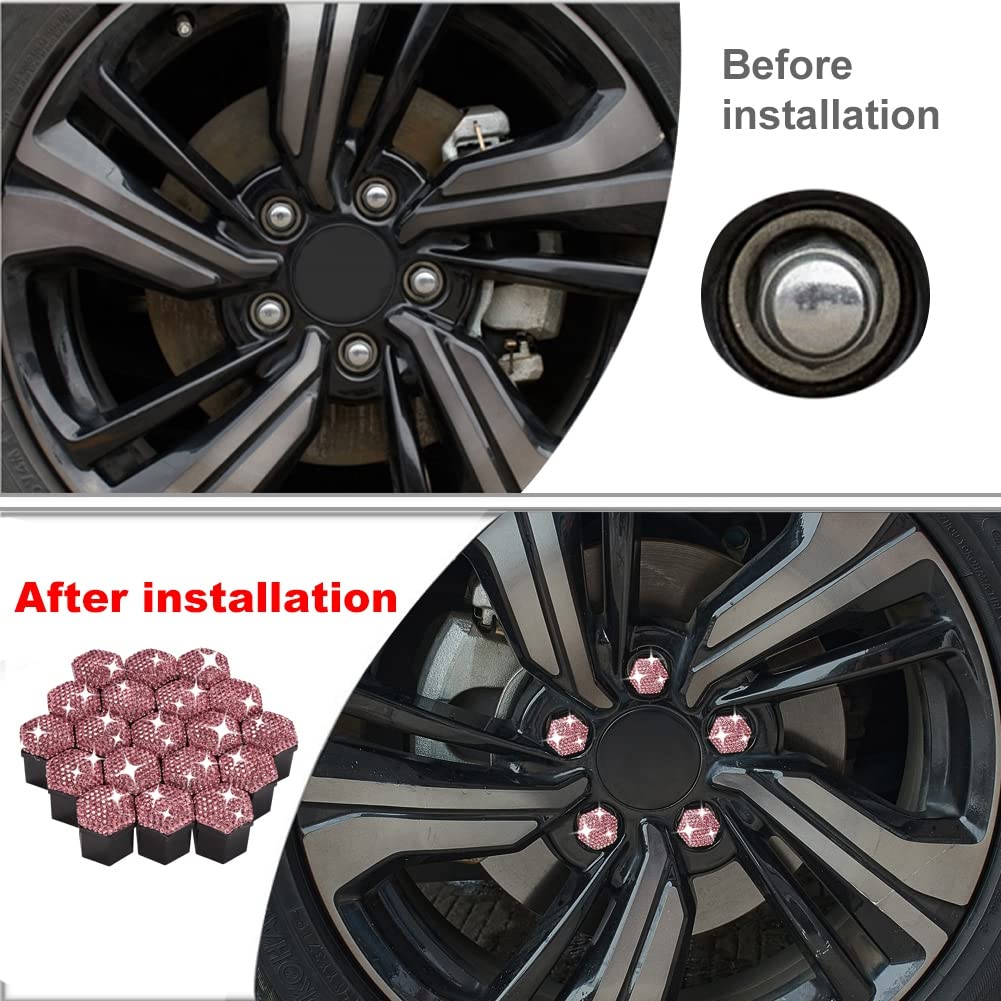 Blueshyhall 19mm Bling Crystal Wheel Lug Nut Cover Bolt Caps Anti-Rust Car Tire Nut Cover with Removal Tool (Pack of 20) - Pink