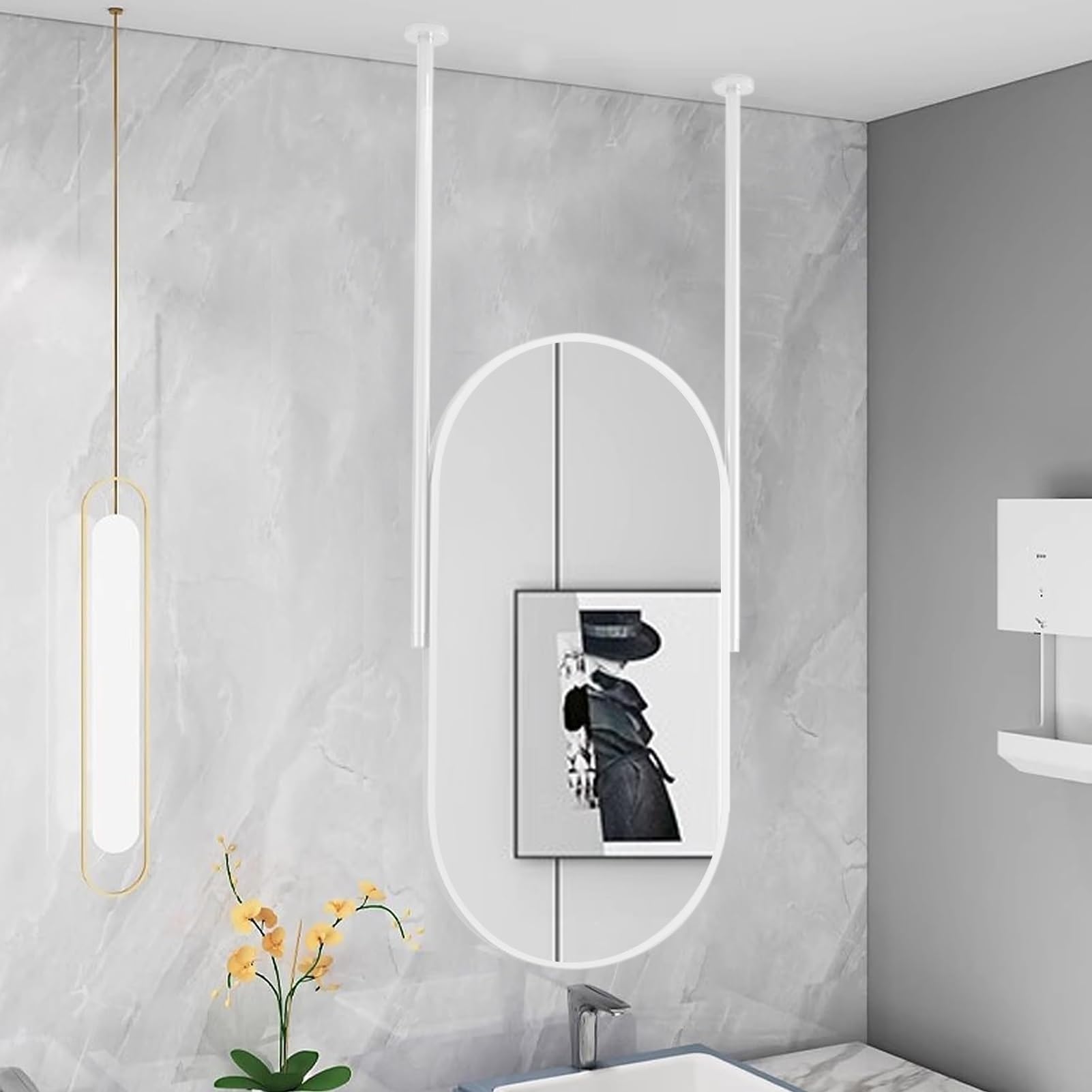 Miroir ovale blanc 50x60 cm avec tige de suspension en métal pour salle de bain