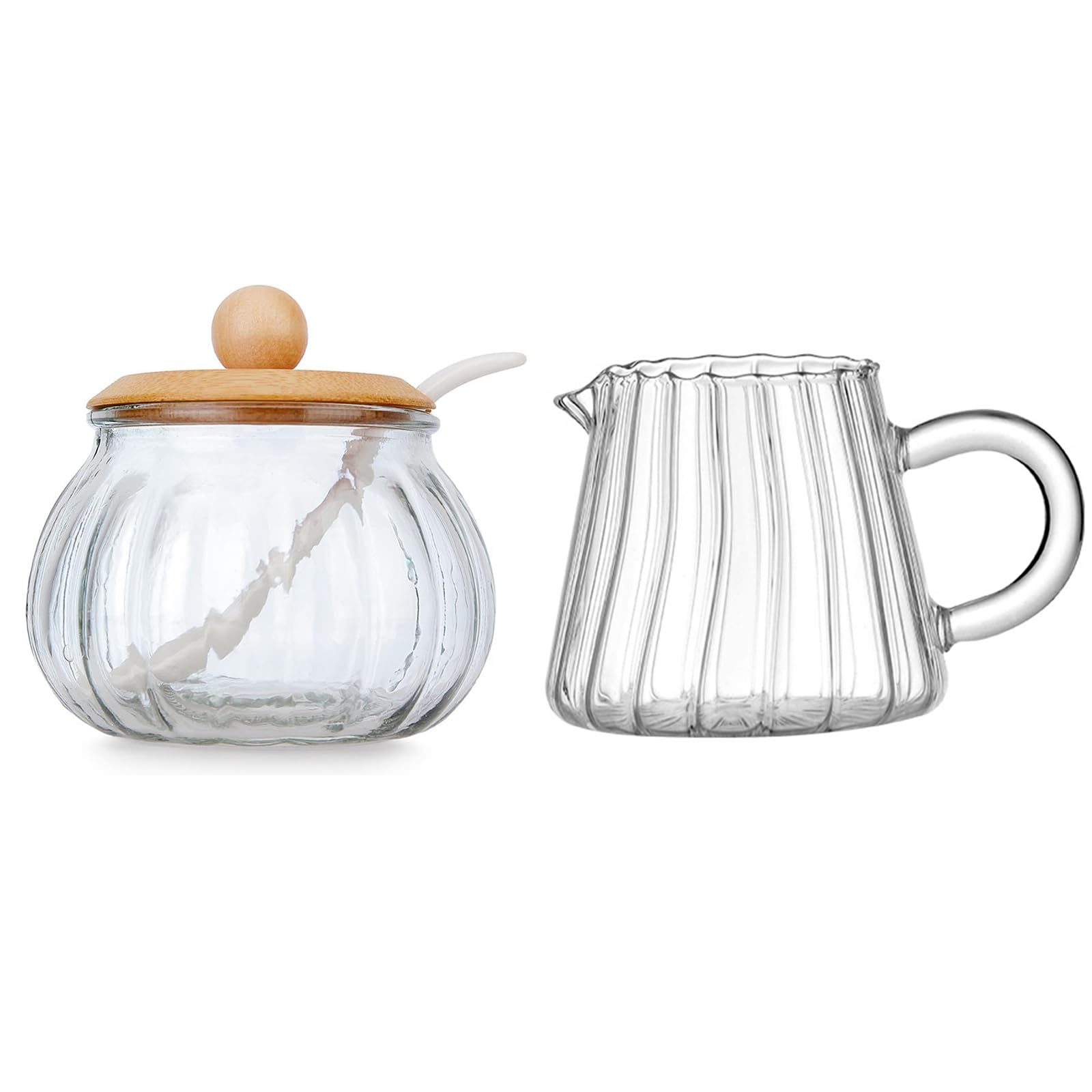 Set di zuccheriera e lattiera in vetro, trasparente con coperchio e brocca per panna, brocca per latte, zucchero, caffè, set da portata per casa, latte, caffè