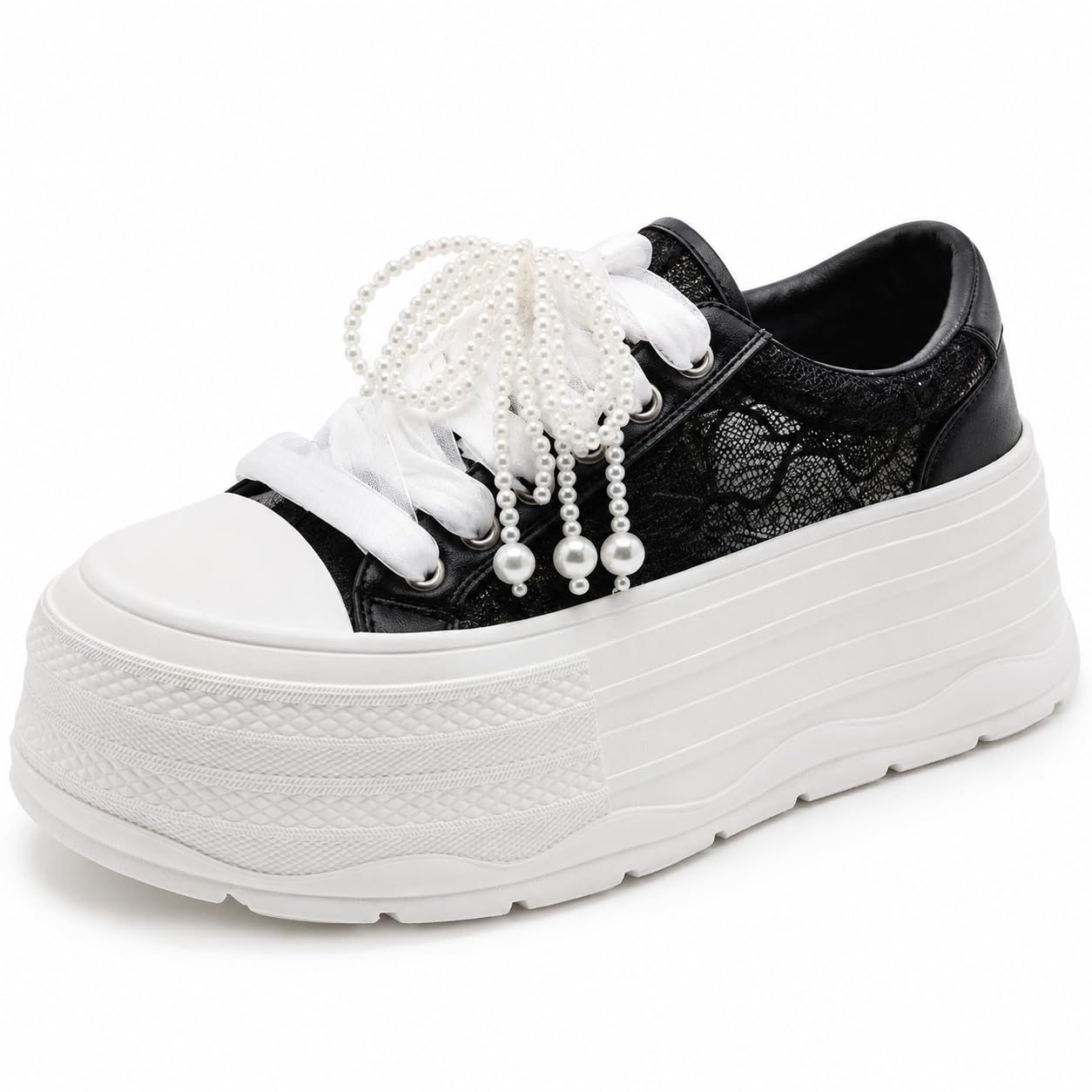 ENEN Zapatillas Mujer Encaje Perla
