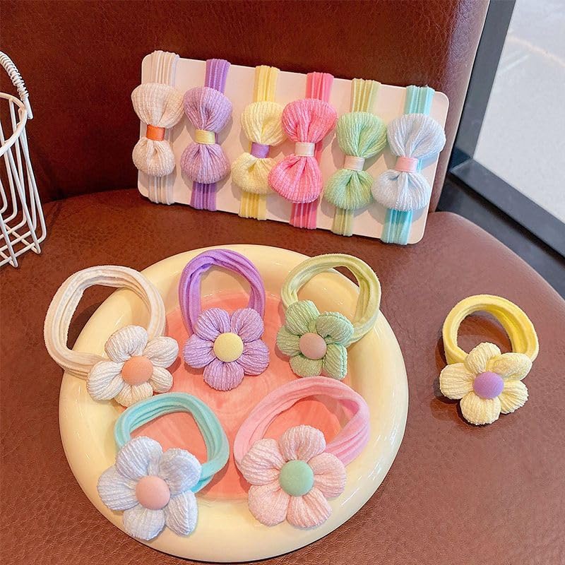 Babymoon Set of 12 | Baby Girl’s Ponytail Pastel Flower & Bow Kids Hairband Rings | Fashion Hair Accessories - Image 2 thumbnail