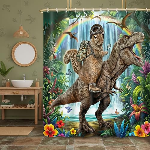 Image of Funny Squirrel Riding Dinosaur Shower Curtain, Tropical Jungle Rainforest Safari Animal Bathroom Curtain for Kids Boys Men, Waterproof Fabric Bath Curtain with 12 Hooks, 60X70 Inches