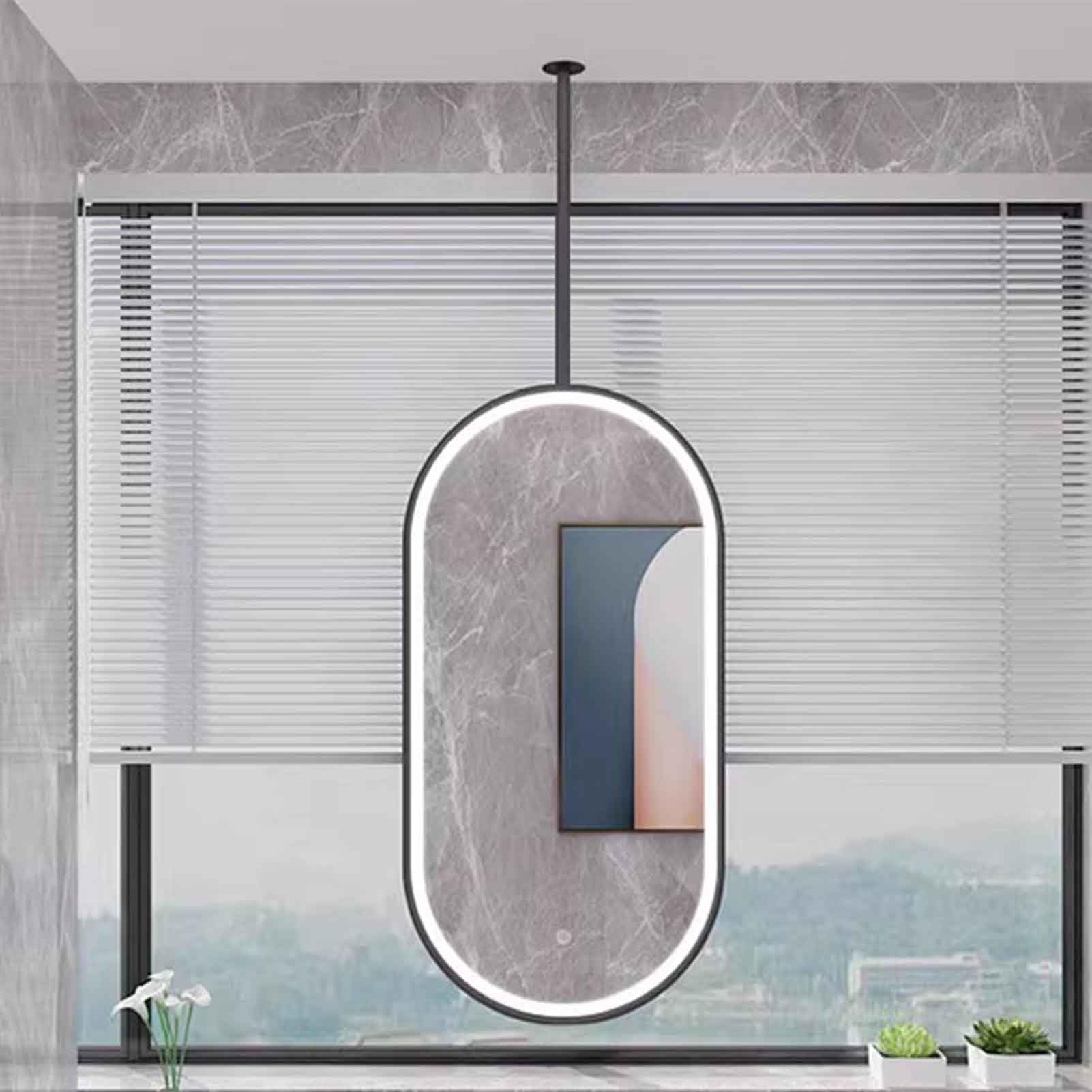 FGXHHS Oval LED with Light, Ceiling Suspended Mirrors for Living Room Hallway, 3 Color Dimmable - Customizable Hanging Rod(50cmx90cm)