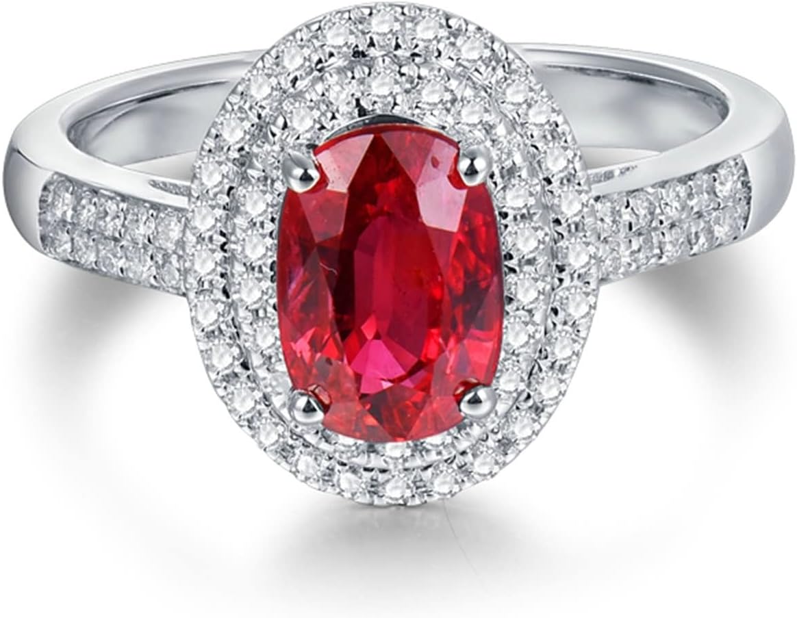 Engagement Ring 18K White Gold, Chunky Rings Vintage 1.2ct Oval Cut Ruby Ring Valentines Day Gift for Women