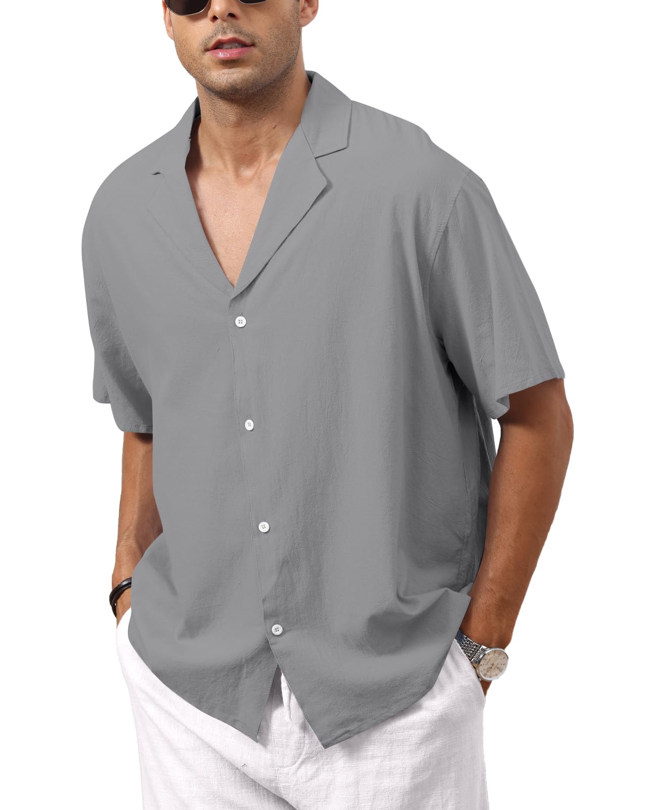 Hoefirm Camisa de Hombre Casual Algodón Polo Cuello Cuello Liso Manga Corta Botón Camiseta Básica