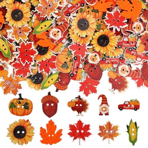 AUGSUN 250pcs Fall Thanksgiving Wooden Buttons, Autumn Leaves Pumpkin Shaped