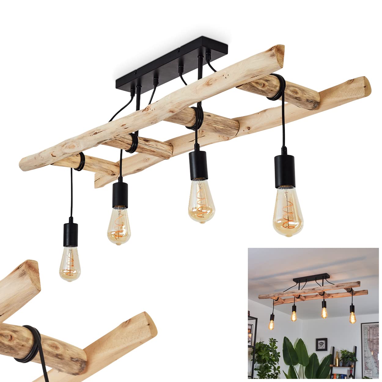 HOFSTEIN Suspension Yaak en bois et métal noir, 4 lampes pendantes rétro idéales au dessus d'une table vintage, hauteur max. 192 cm, pour 4 ampoules E27, ampoule(s) non incluse(s)