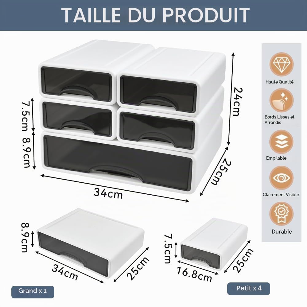 Lot de 5 Boîtes de Rangement Empilables, Organisateur de Bureau avec Tiroirs, 4 Petits + 1 Grand, Contenant en Plastique Blanc pour Papeterie, École, Maison, Gain de Place