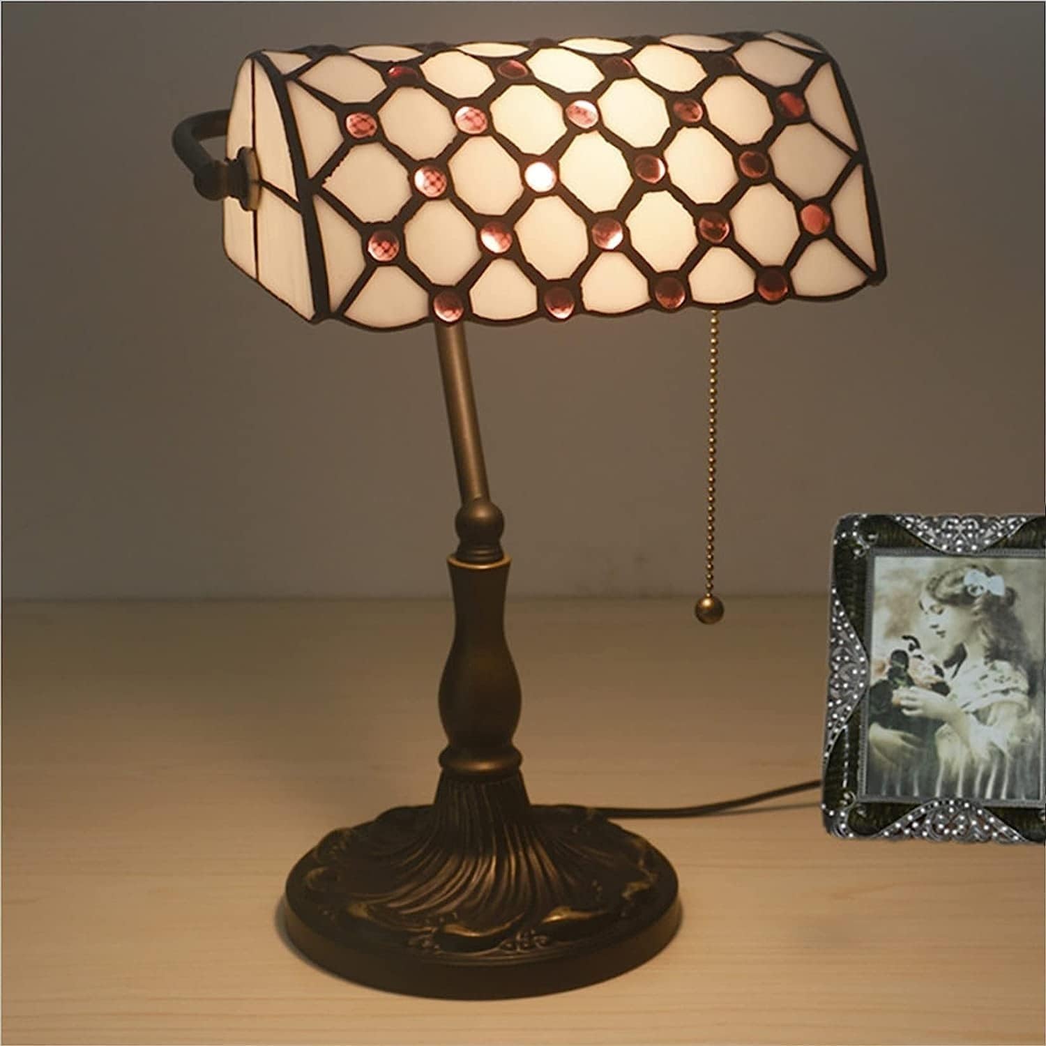Bankiers Tischlampe, farbige Glaslampe, Kristallperlenschreibtischlampe, Schlafzimmer in der Nacht Leselampe (weißer lila Glasperlenschatten) Innovate