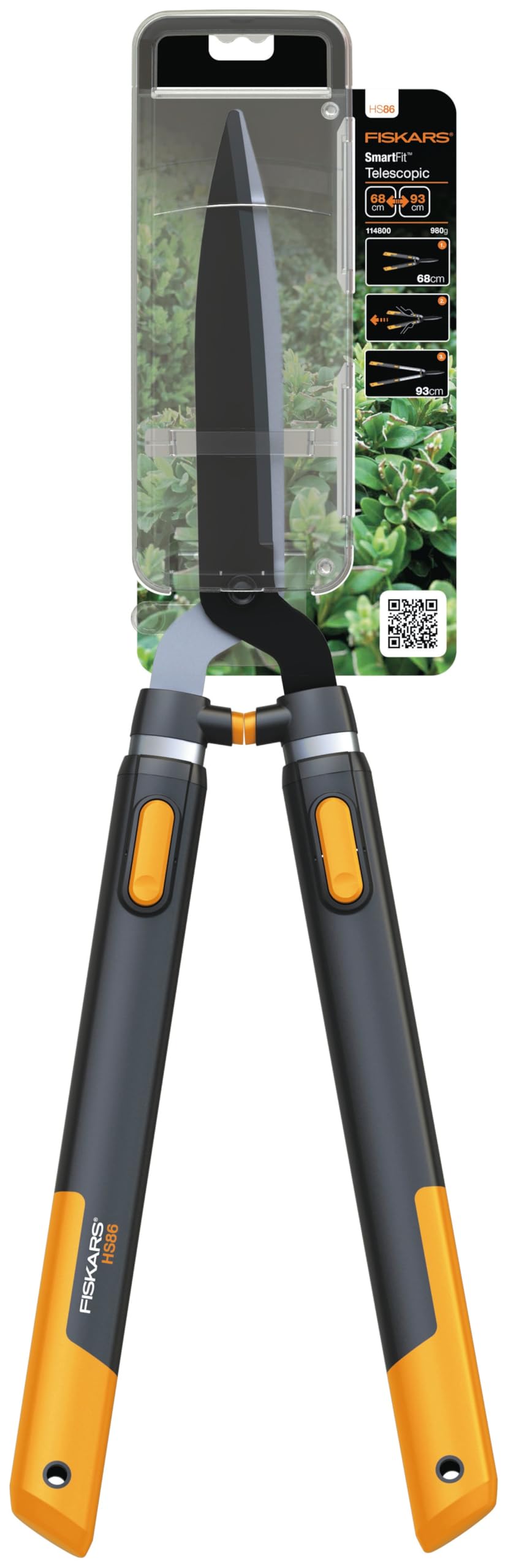 Fiskars SmartFit HS86 Cesoie telescopiche per siepi 68-93 cm Lama acciaio rivestimento antiaderente Nero Arancione