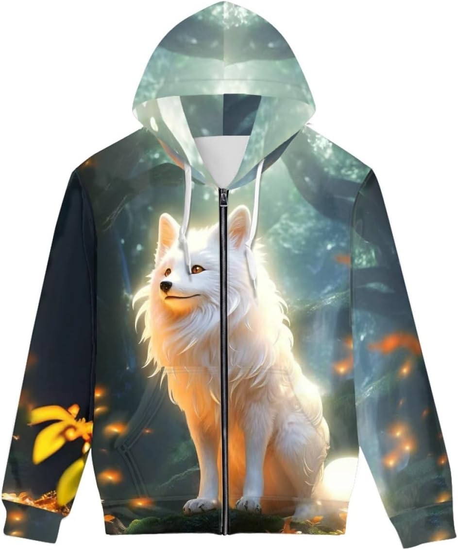 GLUDEAR Men's 3D Printed Wolf Hoodie - Full Zip Pullover Sweatshirt, Glow Totem Fox Design, Sizes XS-5XL