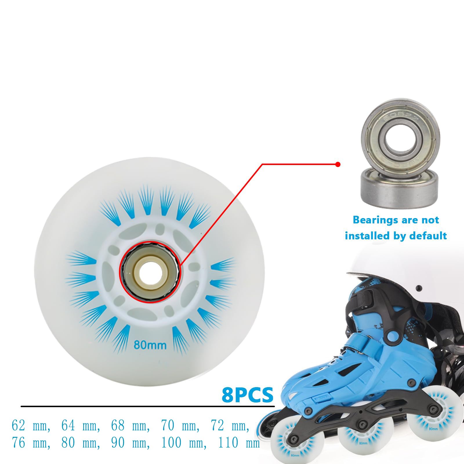 Inline Skate Rollen, Weiße Flash Wheel Ersatzrollen für Skateboards, Scooter, Rollschuhe, Gepäck, Stabilisatoren