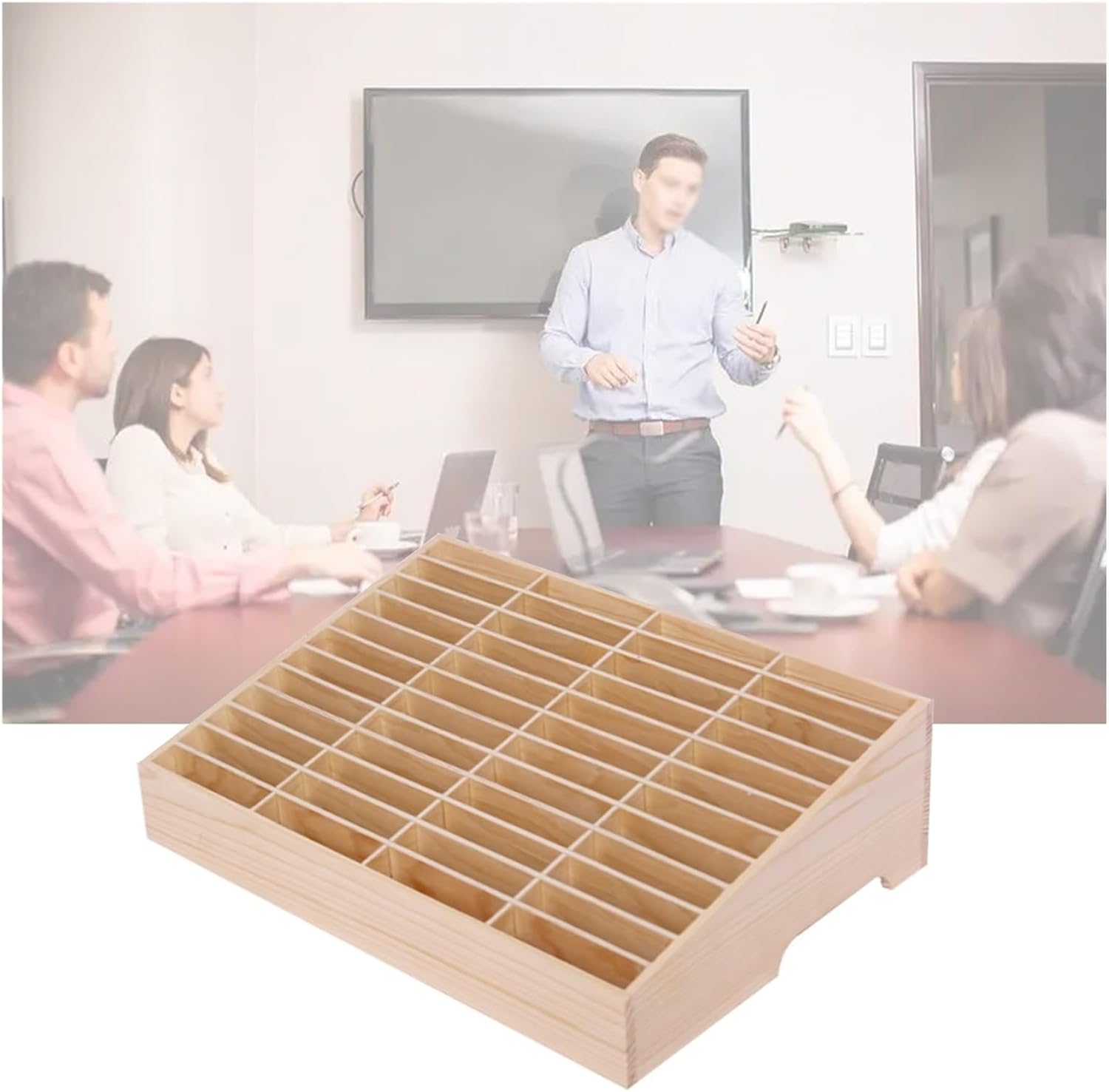 Wooden Phone Storage Organizer Box - Portable Cell Phone Locker with Curved Hand Rest for Library, Factory, Restaurant - Fits Phones 3.5" to 4.5" (15.9"x10.8"x4.5")