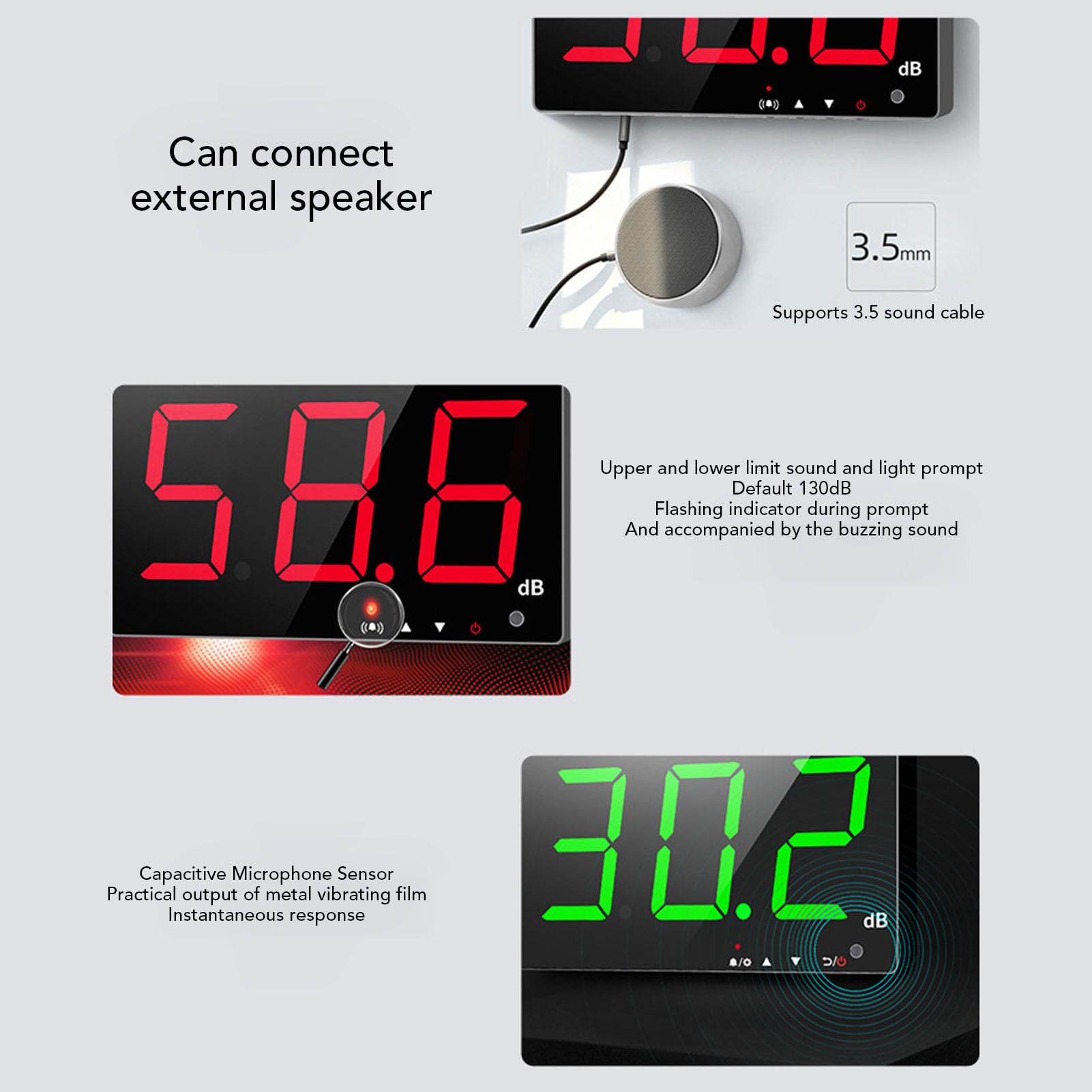 Naroote Fonometri da Parete, Fonometro Digitale, Misuratore di Decibel con Schermo LCD da 3 Pollici DB e Promemoria Sonoro, Ideali per Aula, Casa, Studio e Fabbrica