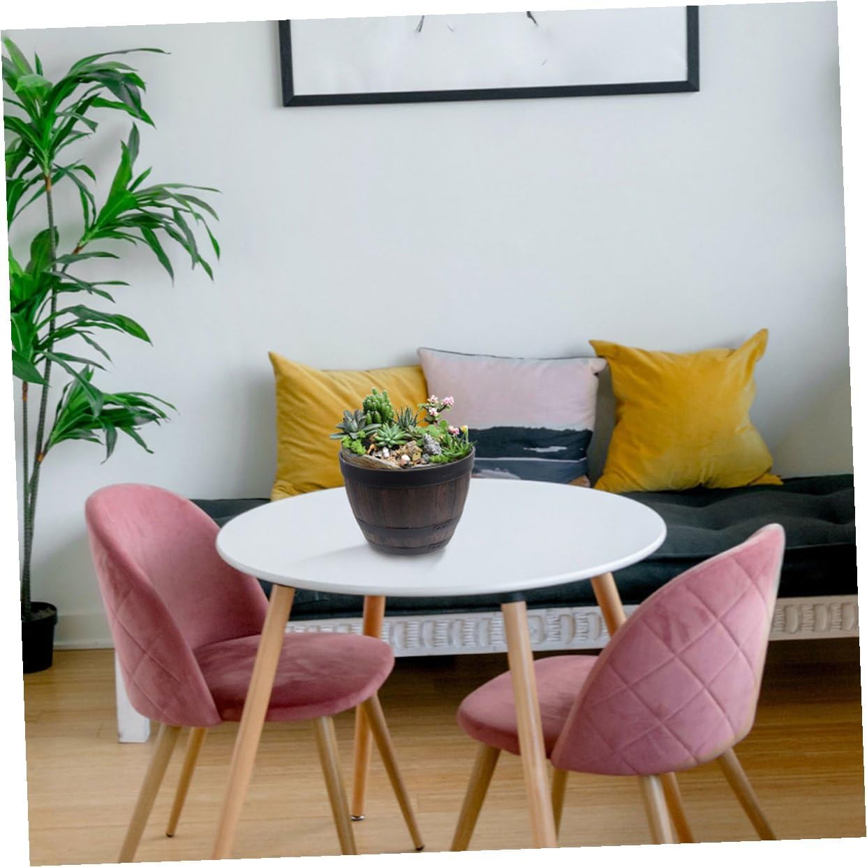 DOITOOL Imitation Wooden Barrel Plastic Planter with Drainage Hole and Tray, Vintage Decorative Flower Pot for Garden Balcony Patio, Thickened Faux Wood Planting Barrel, Model 300