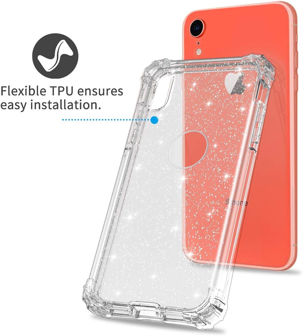 Lontect Compatible iPhone Xr Case Glitter Crystal Clear Sparkle Bling Heavy Duty Hybrid Sturdy High Impact Shockproof Protective Cover Case for Apple iPhone Xr 6.1 2018, Clear/Silver Glitter