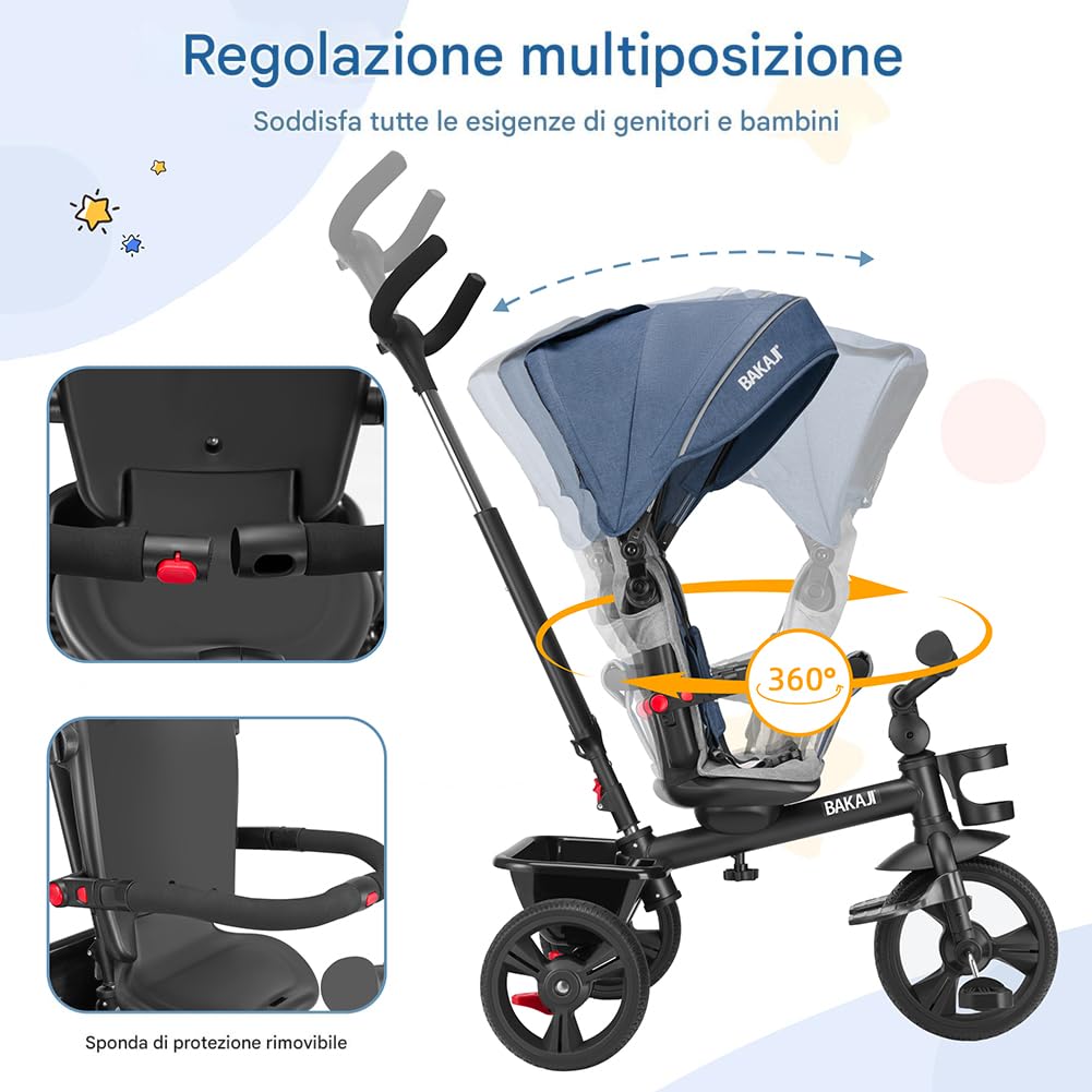BAKAJI Triciclo Passeggino 4 in 1 per Bambini, Pedali o Manico Antiscivolo Ergonomico per Spinta, Sediolino Imbottito, Cinture di Sicurezza, Asta Direzionabile, Tettuccio Cappottino Parasole (Blu)