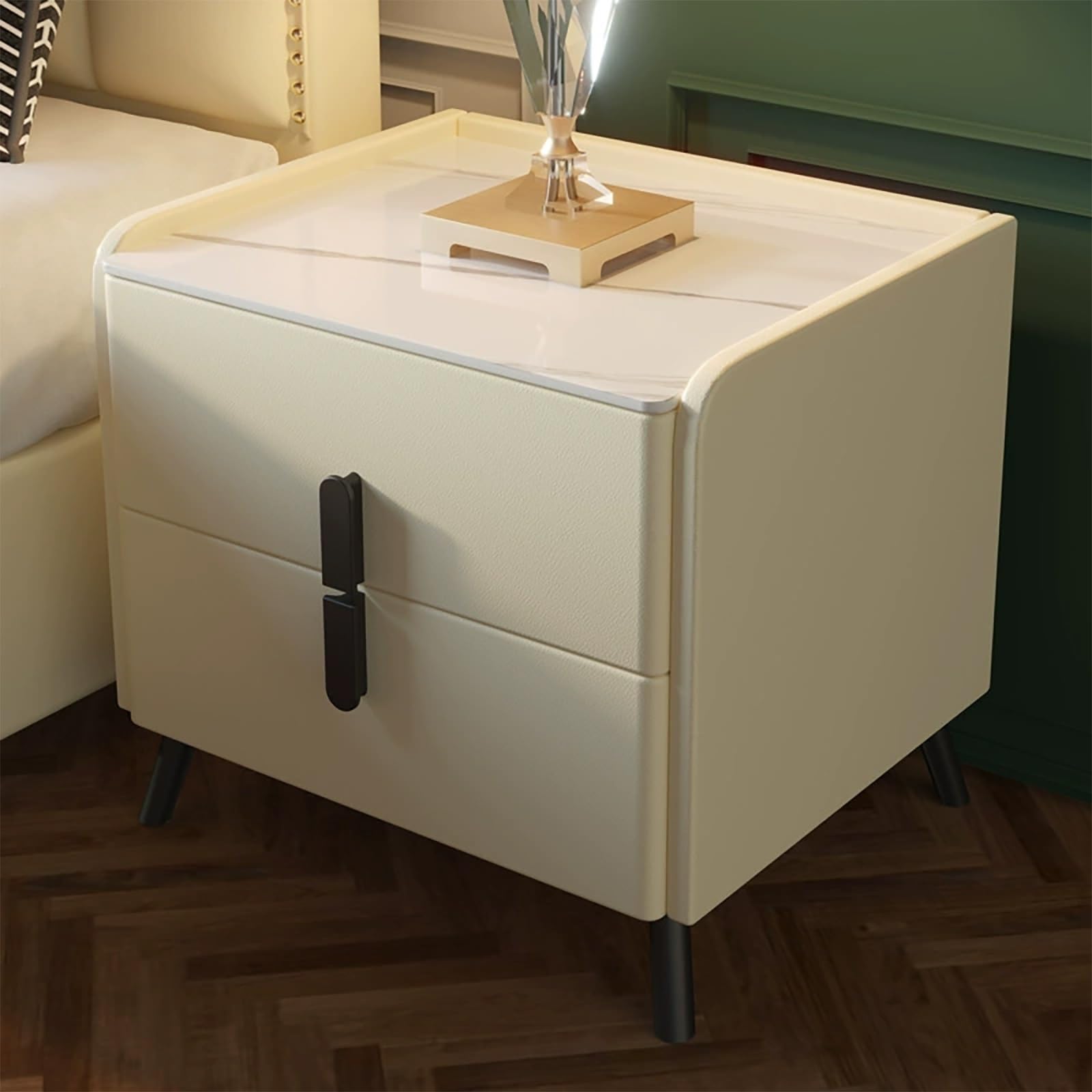 FYIYIEW bedside table, With 2 Drawers with Slate Cabinet Top Solid Wood Frame Design Sturdy And Durable(Beige,35cm/13.8in)