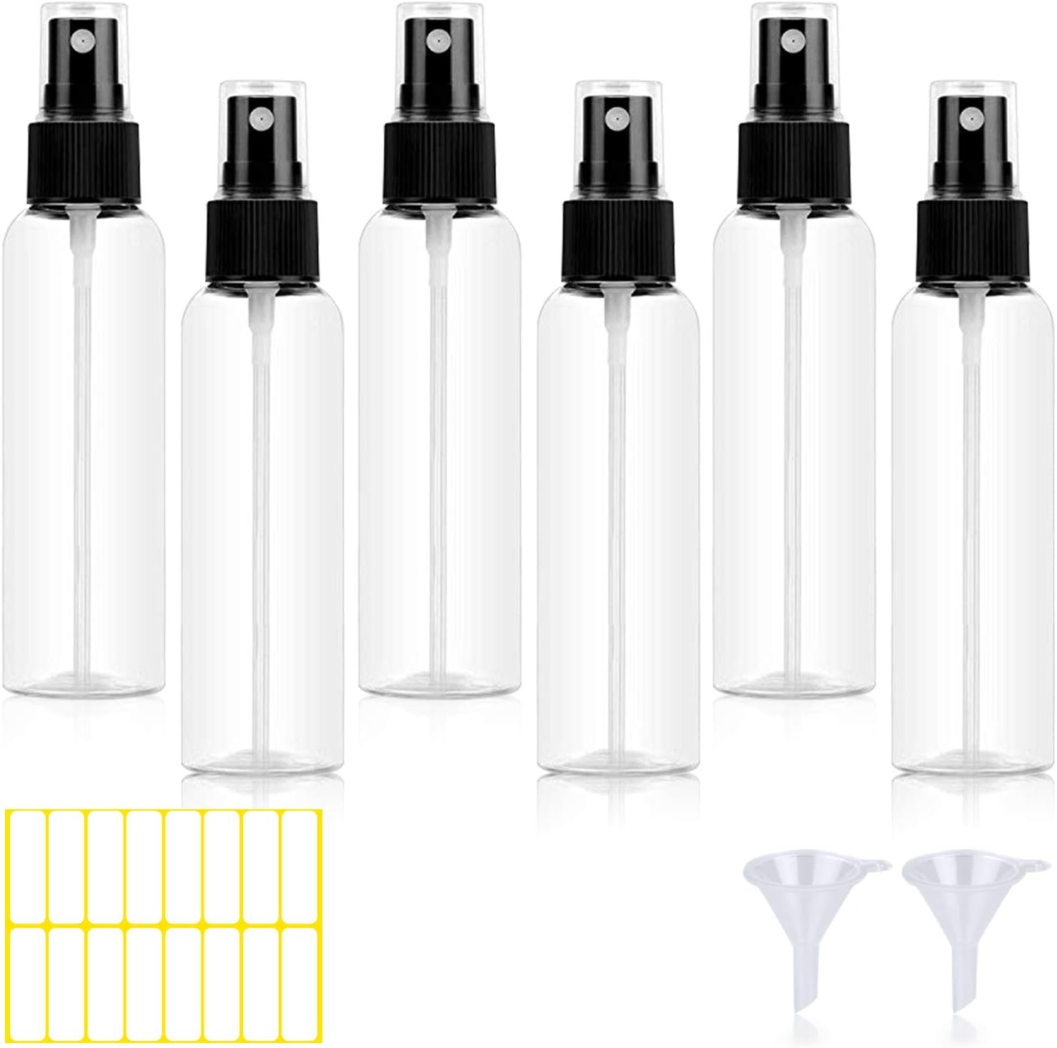 Spray Bottles, 100ml Empty Atomiser Spray Bottle Set, Small Plastic Mist Spray Bottles Refillable Travel Perfume Atomiser, Transparent Liquid Container with Funnels and Label, 6pcs