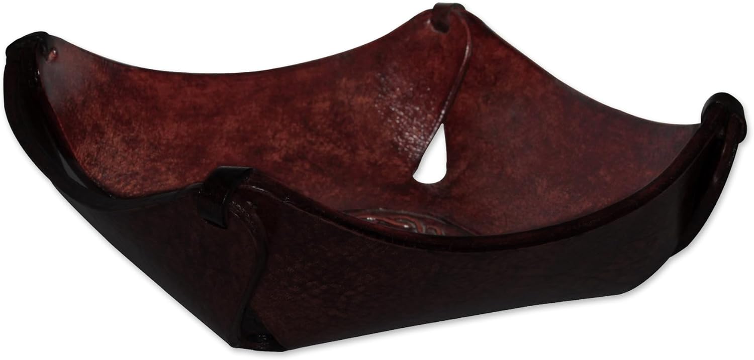 NOVICA Artisan Crafted Leather Tray, Brown, 'Brown Lasso Window'