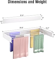Vista 7 de Tendedero de pared de 31.5 pulgadas, 5 postes de aluminio, capacidad de carga de 60 libras, plegable, retráctil, ahorro de espacio