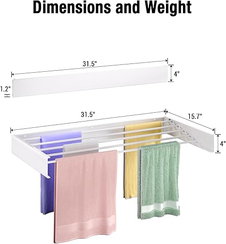 Miniatura 7 de Tendedero de pared de 31.5 pulgadas, 5 postes de aluminio, capacidad de carga de 60 libras, plegable, retráctil, ahorro de espacio