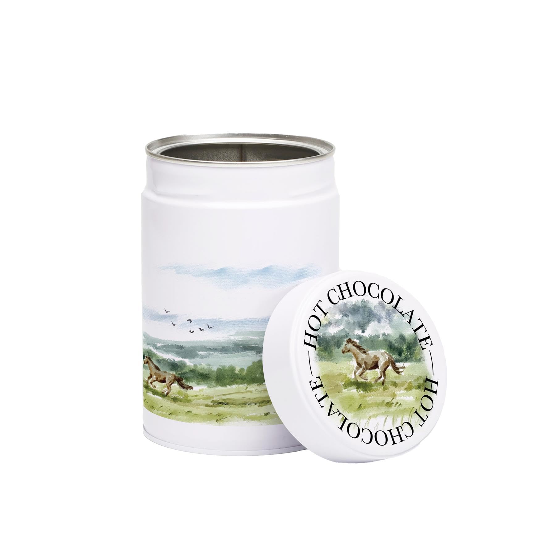 Purely Home Wild Horses Hot Chocolate Canister - White Metal Screw Top 750ml Kitchen Storage Tin, Horse Themed Gifts