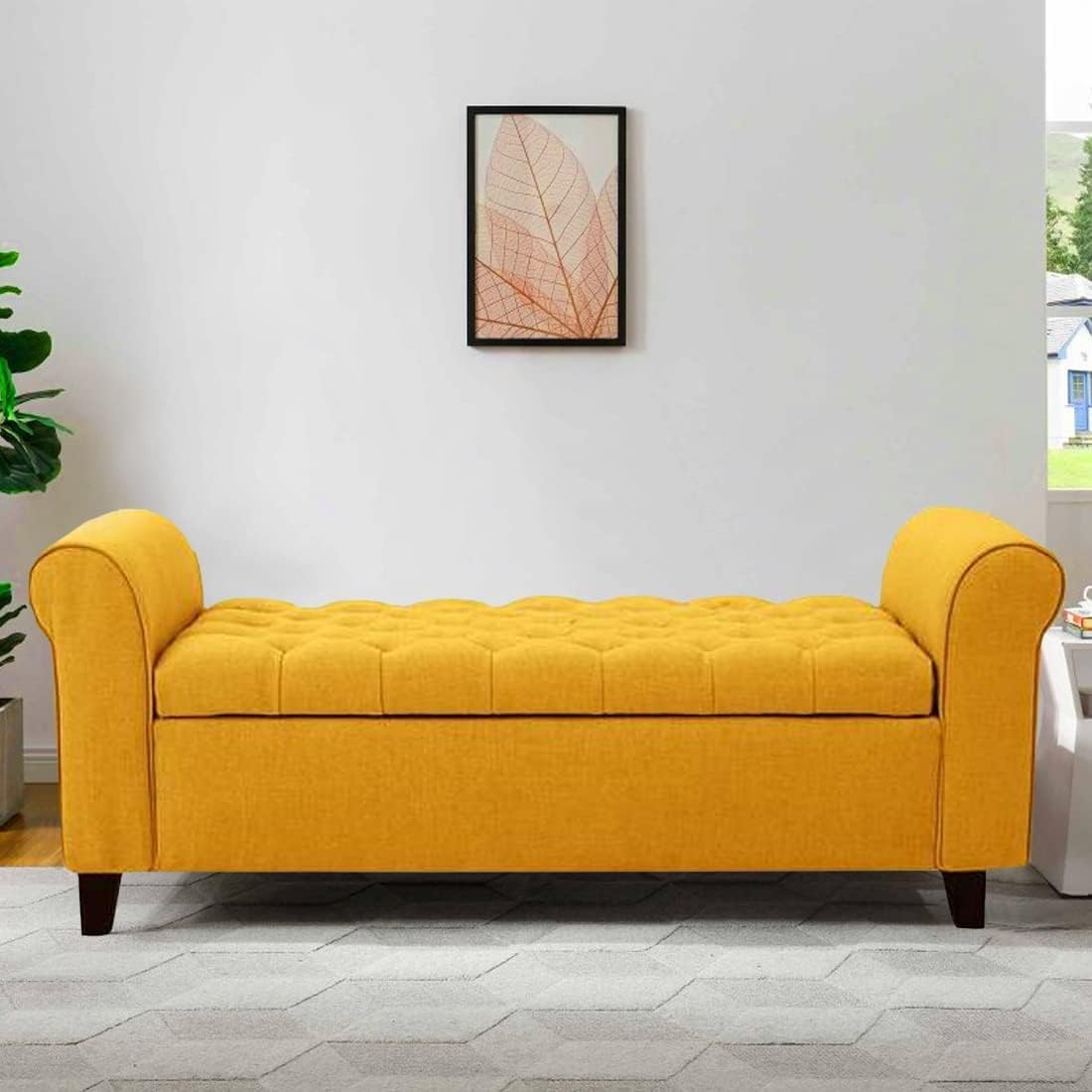 BLACK OAK Wood Claxton Upholstered Flip Top Storage Bench 2 Seater Sofa Couch Poufffe Storage Ottoman (Yellow), 2-Person Sofa