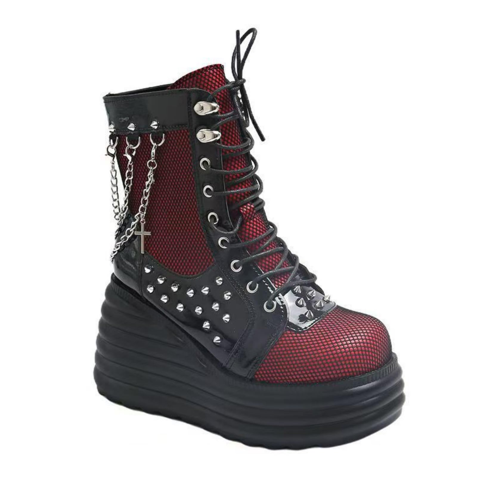 Platform Ankle Boots for Women Platform Combat Boots with Punk Chains Studs Lace Up Goth Boots Punk Style