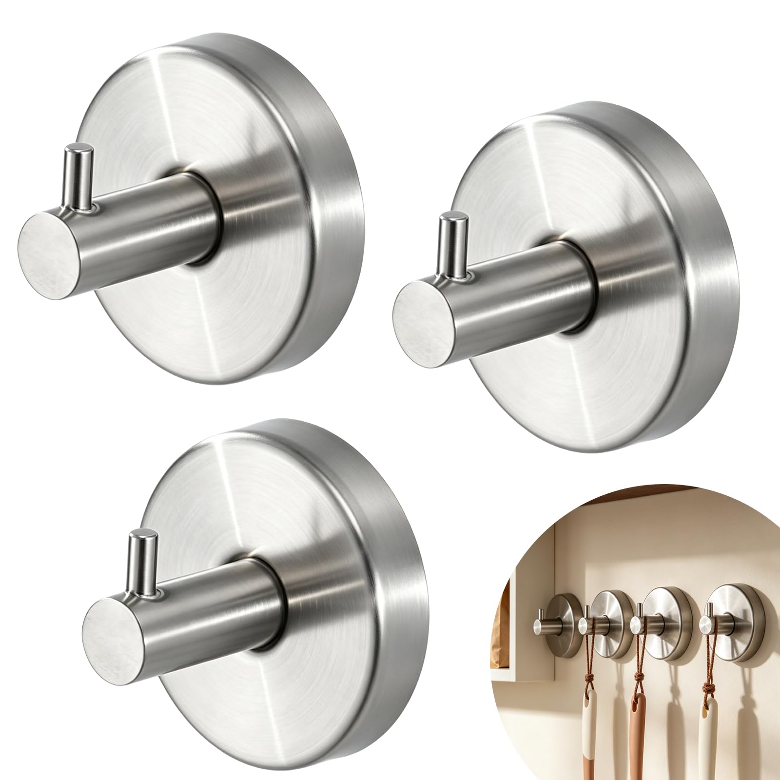 Suction Hooks,3 Pack Heavy Duty Stainless Steel Suction Cup Hooks, No Drill Bathroom Hooks Suction Waterproof Shower Hooks for Bathroom, Kitchen, Glass, Tile, Door – 18LB Strong Hold Rustproof Hooks
