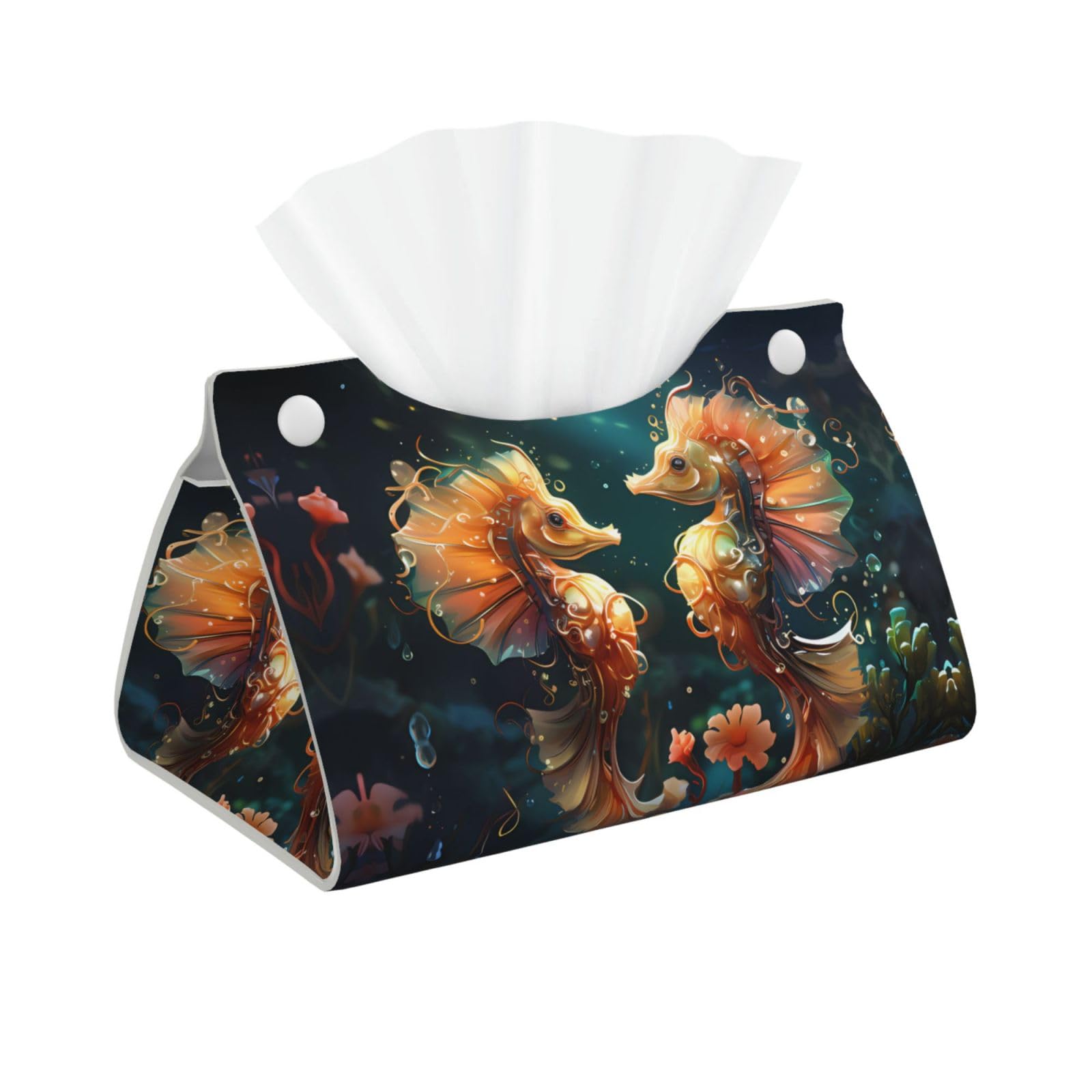Beautiful Seahorse Couple Rectangular Leather Tissue Box Cover, Folding Facial Tissue Holder Dispenser for Car
