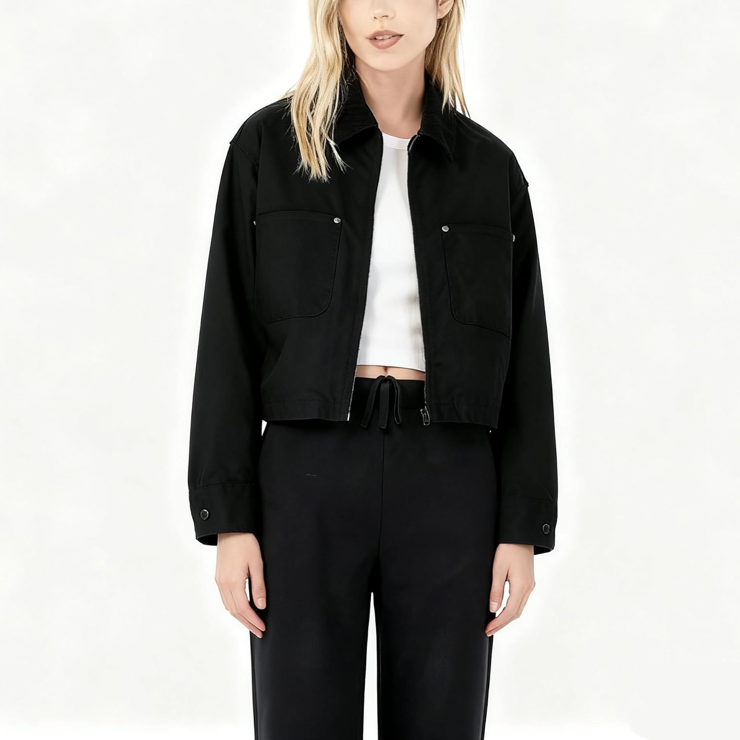 Womens Cropped Bomber Jacket Corduroy Collar Barn Coat Lightweight Utility Zip Up Cotton Canvas Workwear - Image 3